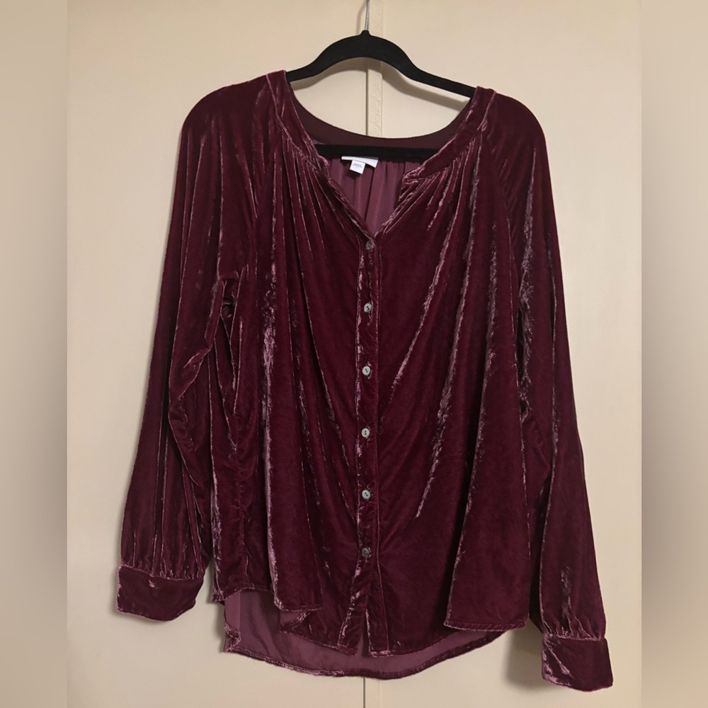 J. Jill Velvet Button-Up Blouse in Deep Burgundy